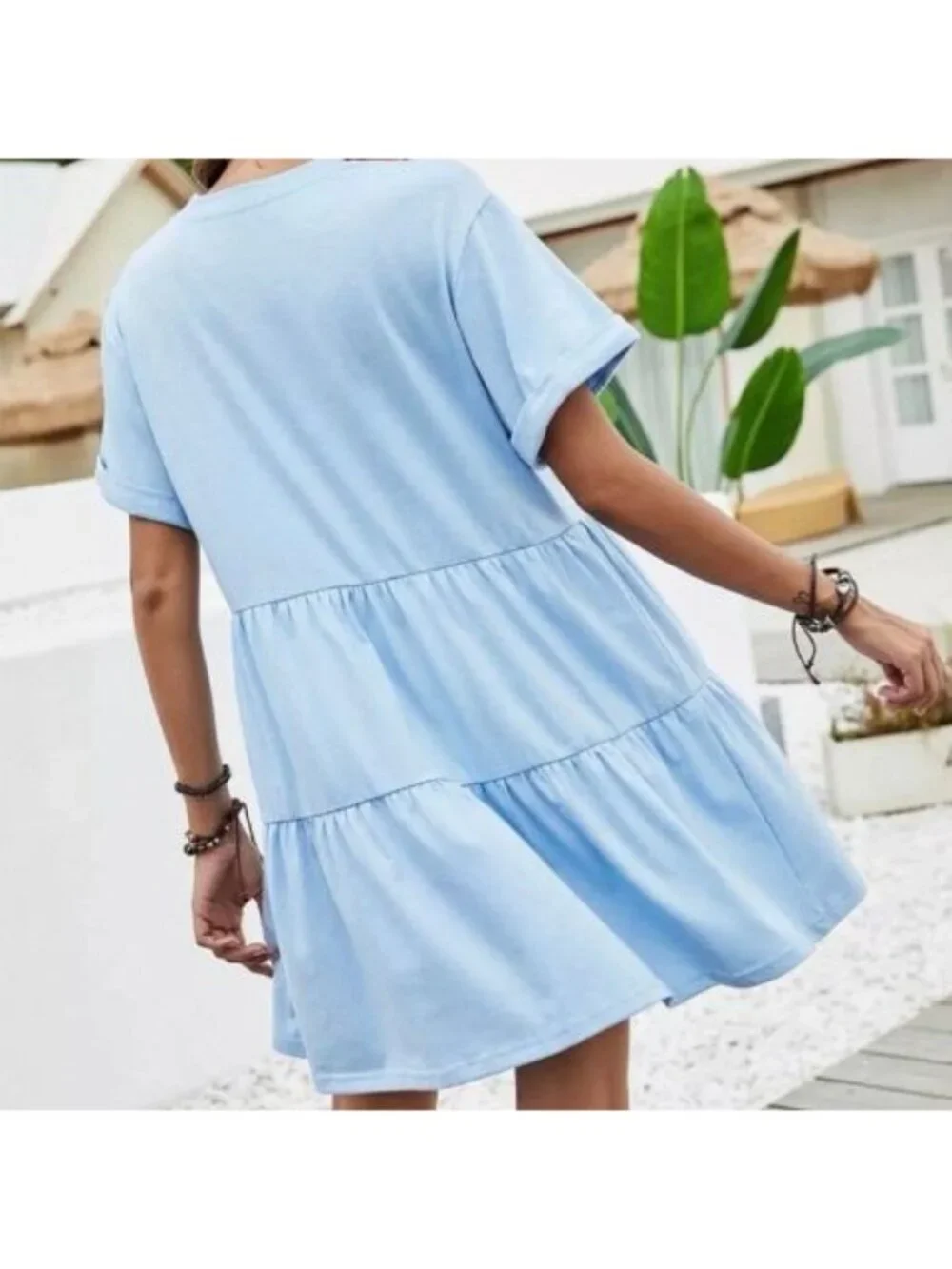 SHEIN Light Blue Rolled Cuff Short Sleeve Tiered Babydoll Mini Dress Size Small